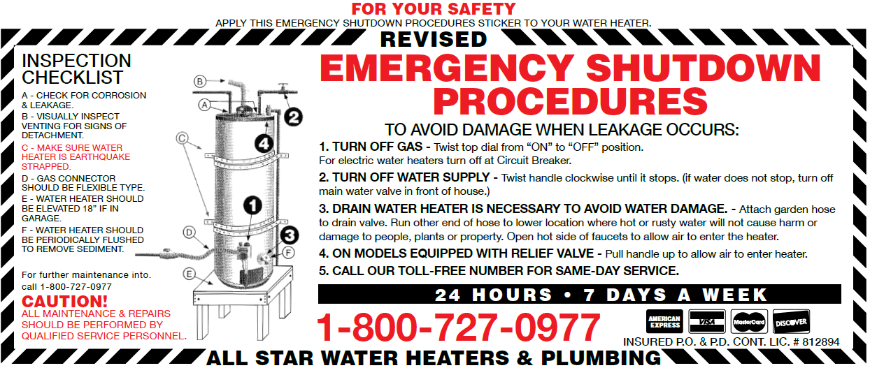 All Star Water Heaters Safety Shutdown Procedure Label